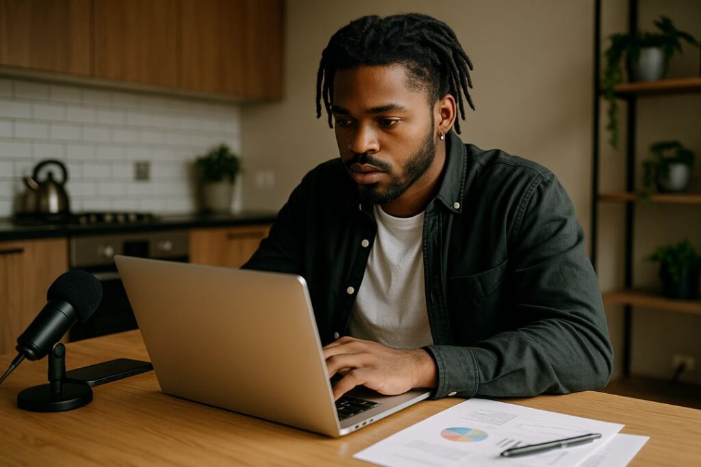 A young Black man with dreadlocks sits at a wooden table in a modern kitchen, concentrating on his laptop with a microphone and charts nearby.
