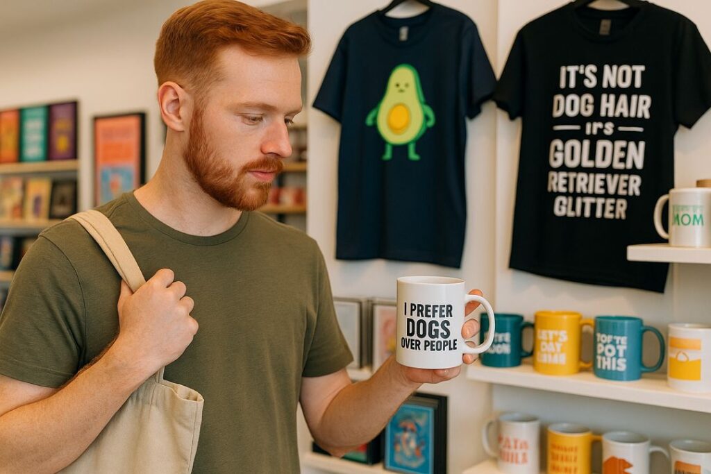 A red-haired Caucasian man in a green T-shirt holding a white mug that reads “I PREFER DOGS OVER PEOPLE” while browsing a merchandise store with graphic T-shirts on the wall and shelves of colorful mugs; no text overlay.