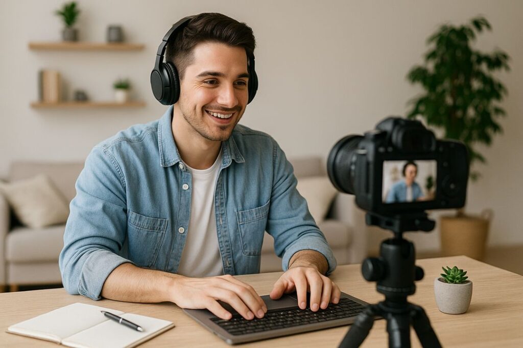 A young Caucasian man with short hair and headphones recording a microcourse with his laptop and microphone in a cozy home setup.