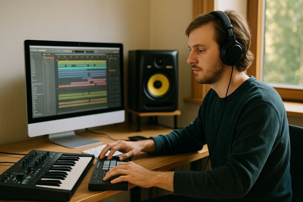 A Caucasian man in his 30s wearing headphones while producing AI-generated beats on his laptop with a MIDI keyboard in a home studio.