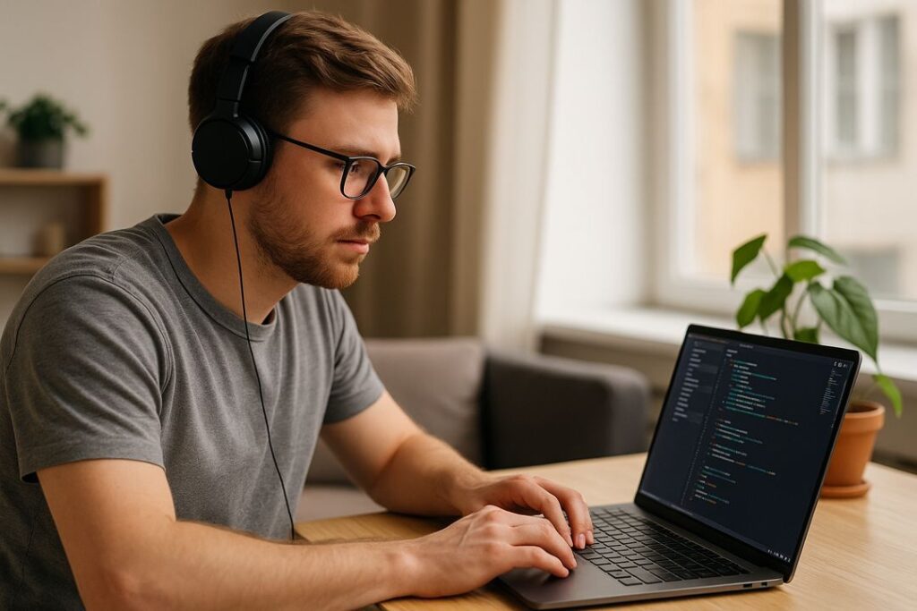 A young Caucasian man sitting at a modern desk with a laptop, writing code for his Micro SaaS project.