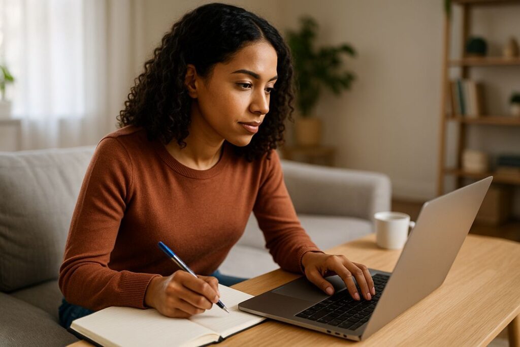 A young woman with medium-brown hair working on a laptop at a table, drafting an ebook manuscript in a bright home setting.