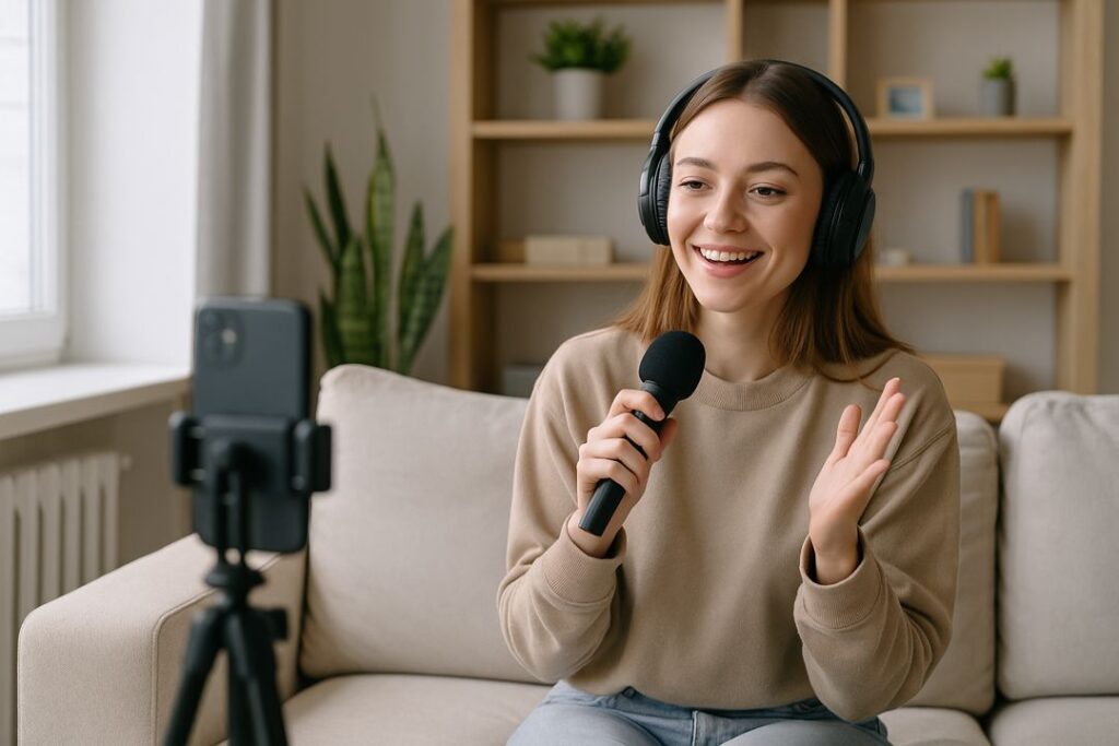 A young Caucasian woman creating a short-form video using her phone on a tripod, smiling as she films in a bright home office.