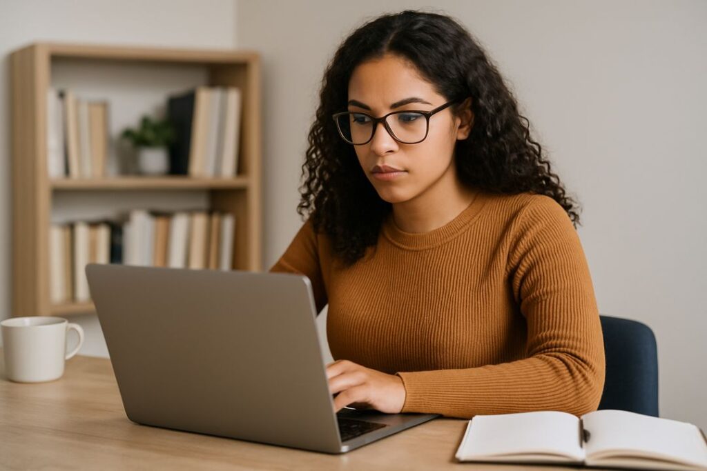 A young Hispanic woman with curly hair and glasses types on her laptop at a tidy desk, with an open notebook and a bookshelf full of books behind her.