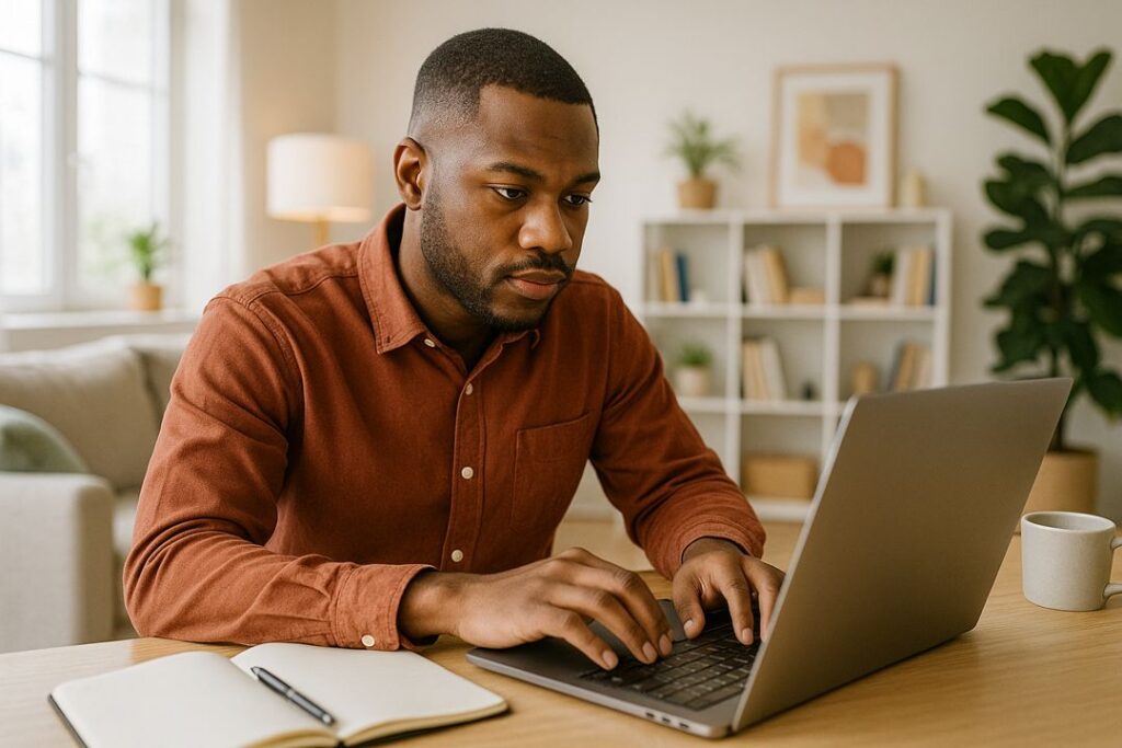 A young African American man working on his laptop in a living-room setup, creating an ebook cover/design.
