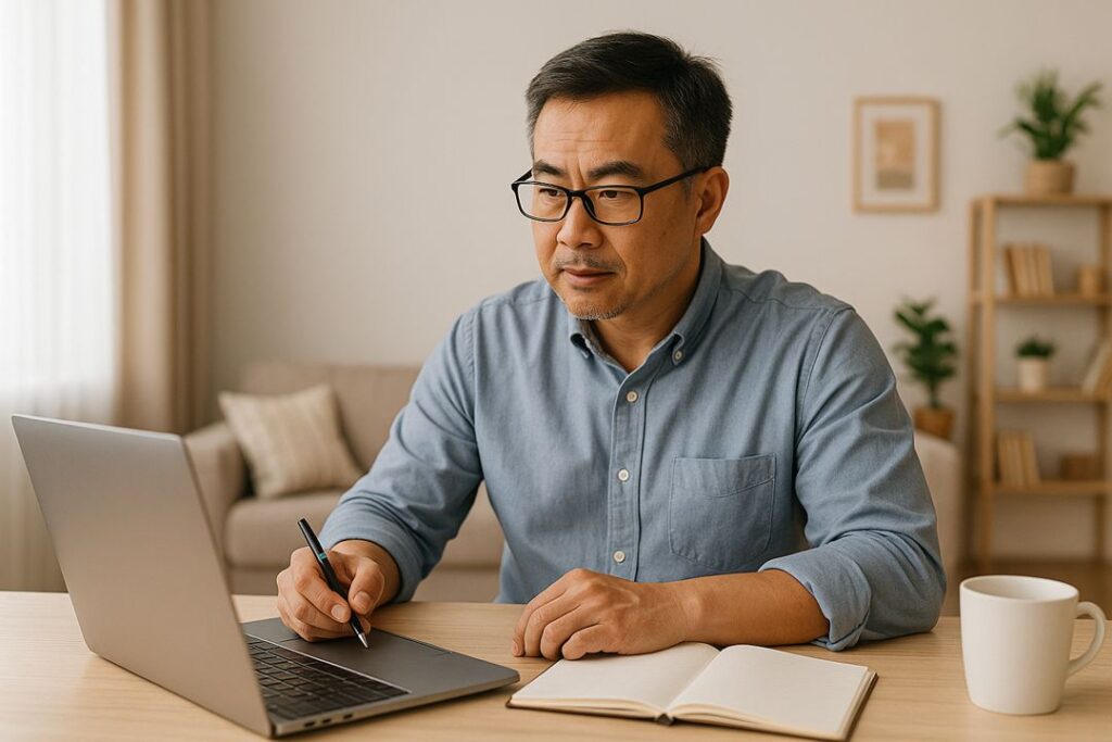 A middle-aged South Asian man in a home office working on his laptop with a microphone to create a digital newsletter.