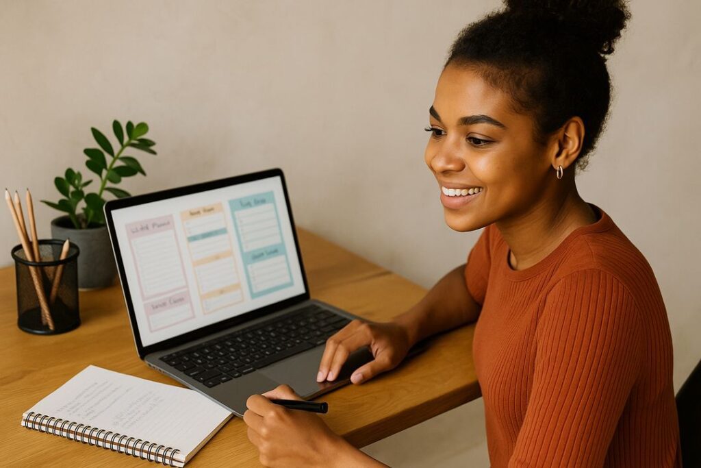 A Latina woman in her 30s sitting in a cozy living room, working on her laptop with a microphone nearby, designing printable planners and journals.