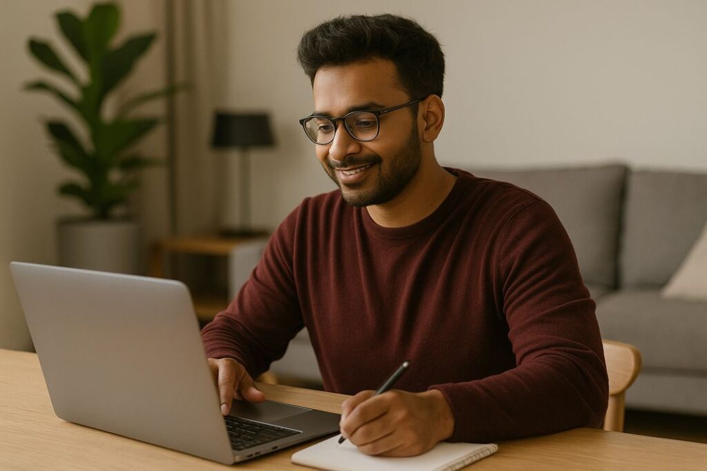 A young South Asian man working on a laptop at a modern desk, focused on preparing deliverables for freelance clients.