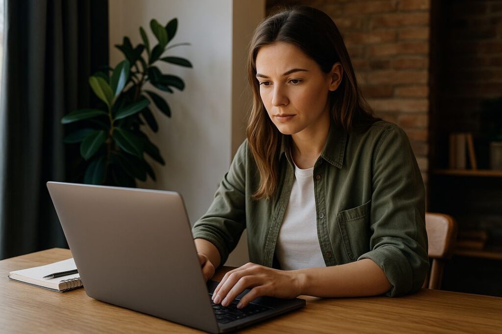A Caucasian woman sits at a desk with a microphone and laptop, smiling while recording a lesson for her online course.