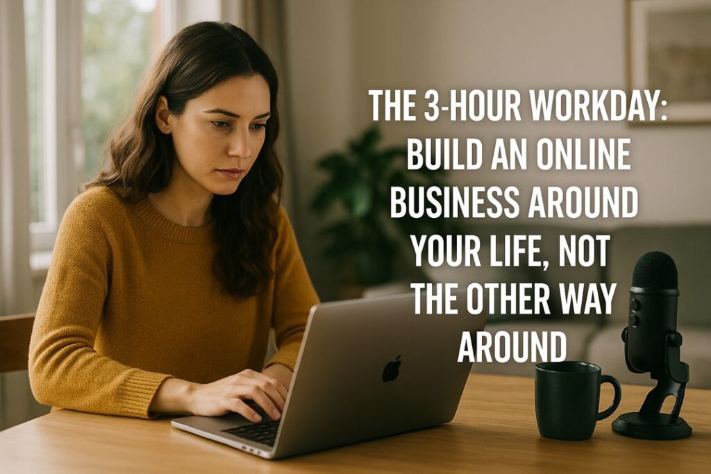 A focused young woman working on a laptop at a wooden table with a microphone and coffee cup, with text overlay reading “The 3-Hour Workday: Build an Online Business Around Your Life, Not the Other Way Around.”