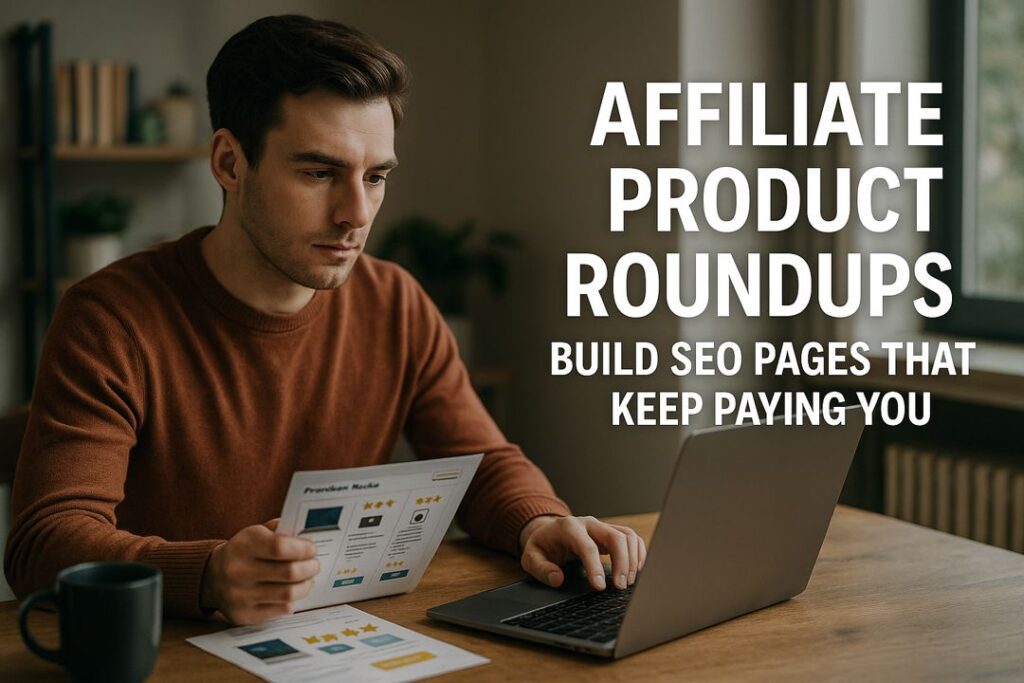 A focused young man in a brown sweater works at a wooden desk with a laptop and product comparison sheet, with bold text overlay reading “Affiliate Product Roundups: Build SEO Pages That Keep Paying You.”