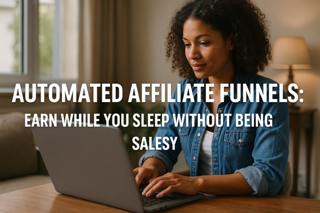 A young woman sitting at a desk in a bright home office, smiling as she works on her laptop, with text overlay reading “Automated Affiliate Funnels: Earn While You Sleep Without Being Salesy.”
