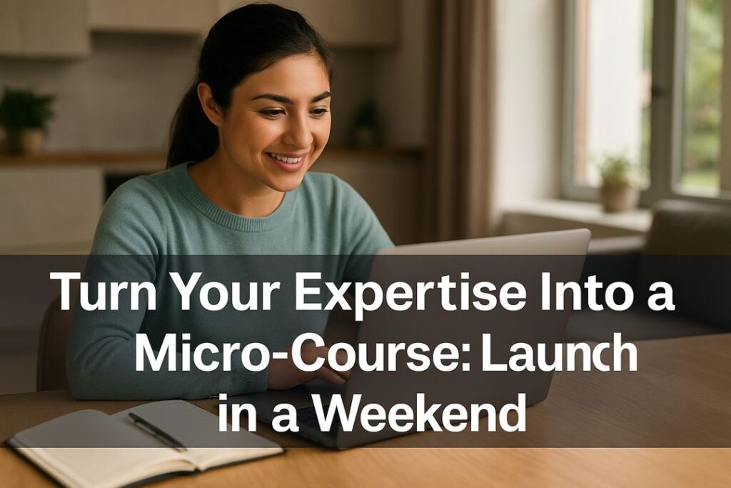 A young woman smiling at her laptop while recording a short lesson in a bright home office, with text overlay reading “Turn Your Expertise Into a Micro-Course: Launch in a Weekend.”