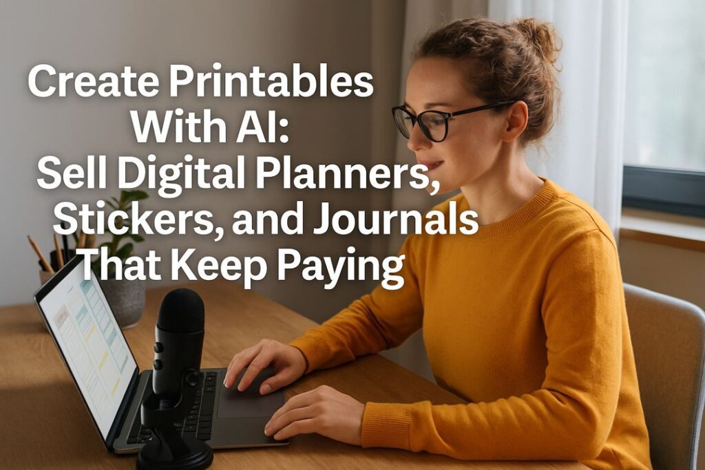 A woman sitting at a desk with a laptop designing digital planners and stickers, with bold overlay text: Create Printables With AI: Sell Digital Planners, Stickers, and Journals That Keep Paying.