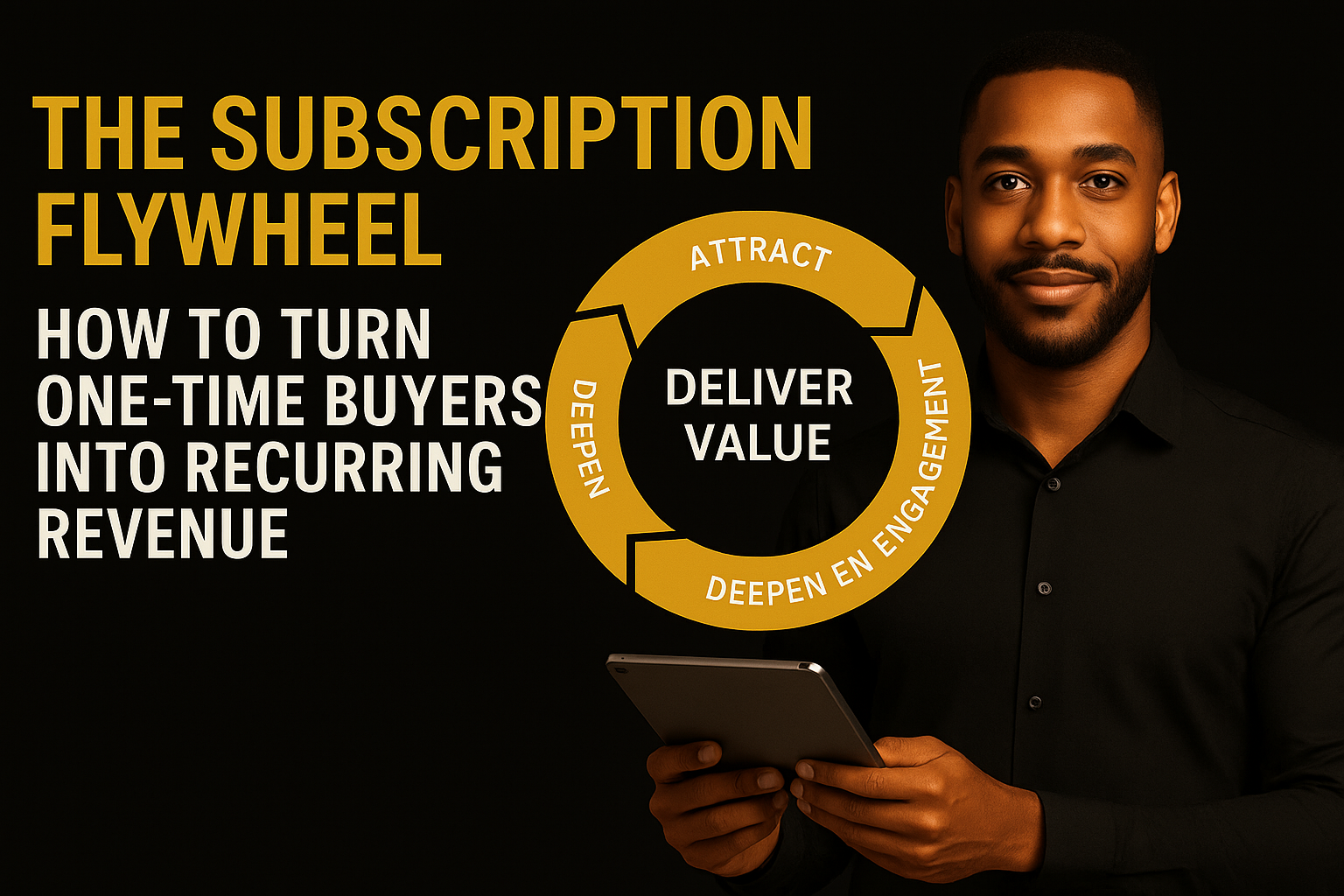 Black-and-gold featured image showing a circular flywheel diagram and bold title text for the article “The Subscription Flywheel: How to Turn One-Time Buyers into Recurring Revenue.”
