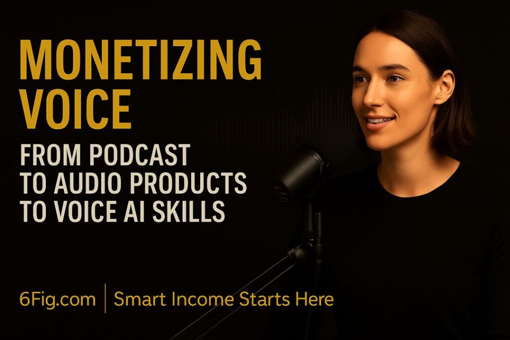 A confident creator (gender-neutral professional) speaking into a high-quality microphone, studio lighting, gold highlights and subtle waveform graphics in the background.