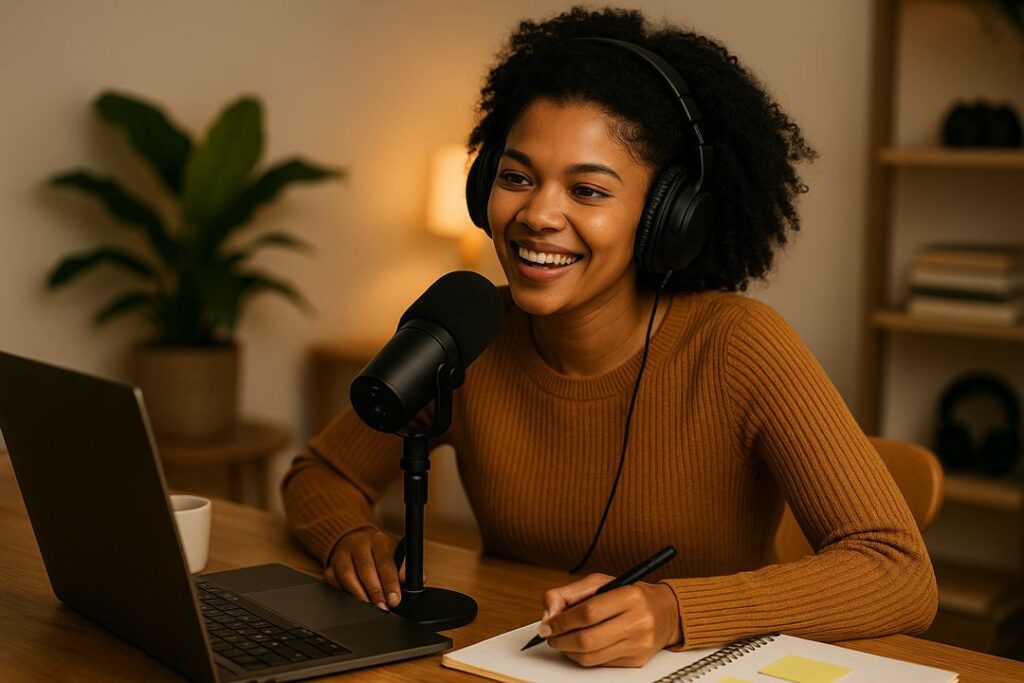 A young Black woman smiling while recording a podcast using a microphone and laptop in a warm, creative home studio.