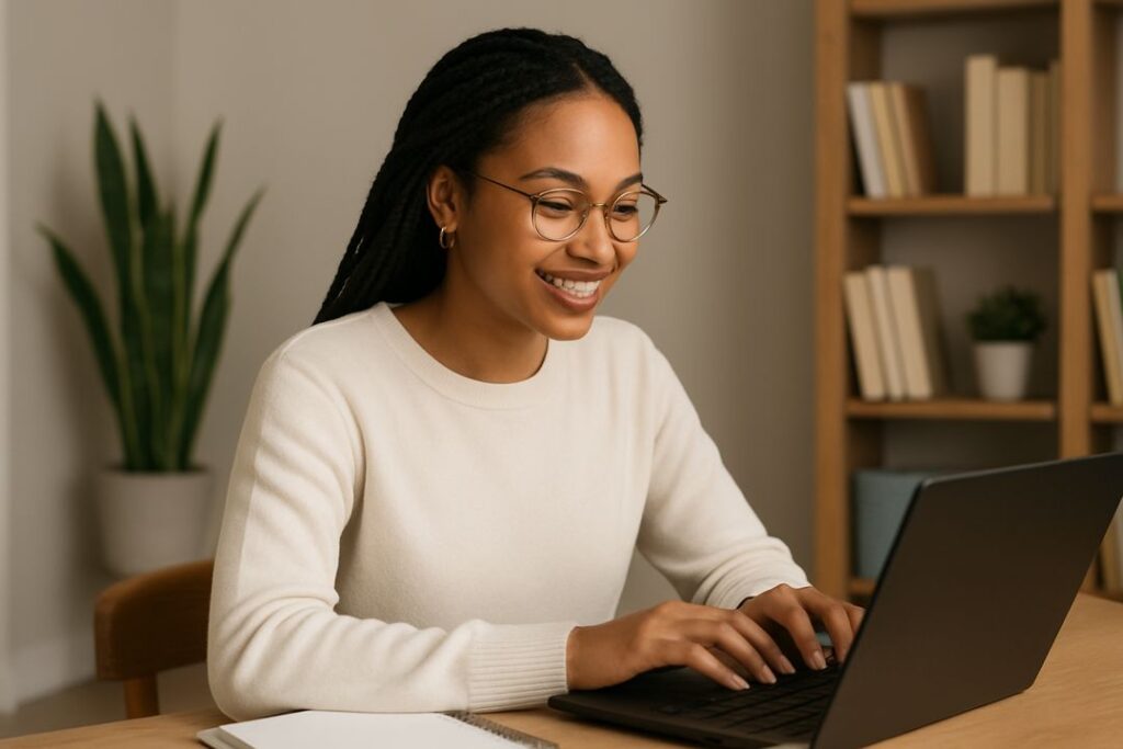 An African American woman works on a laptop, analyzing affiliate marketing programs with charts and data on screen.