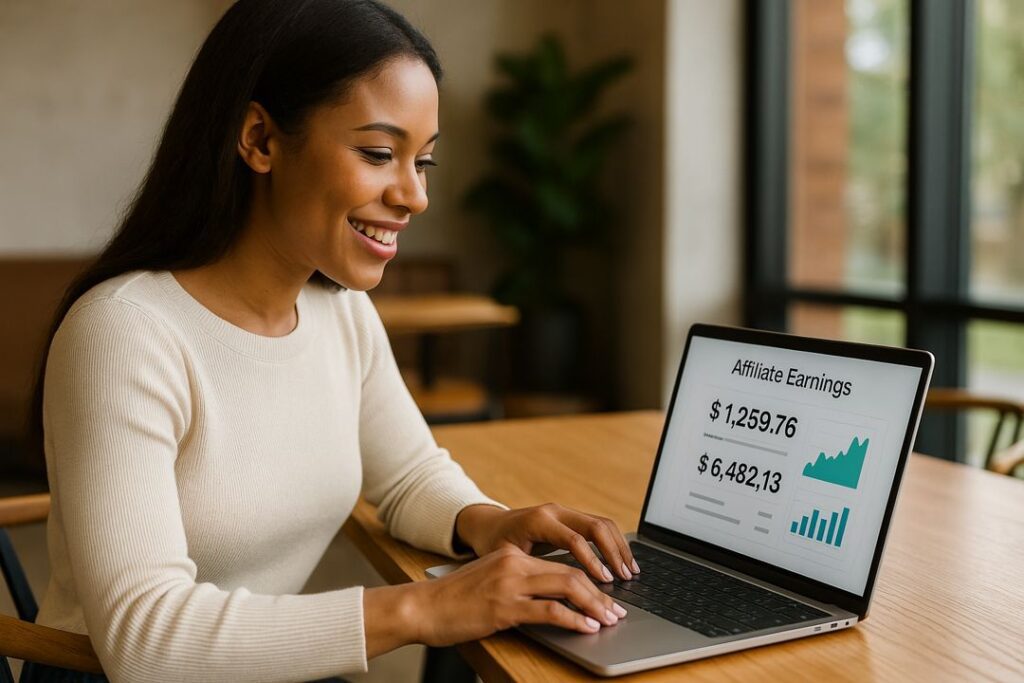 An African American woman smiles while checking affiliate earnings on her laptop in a bright, modern home office setting.