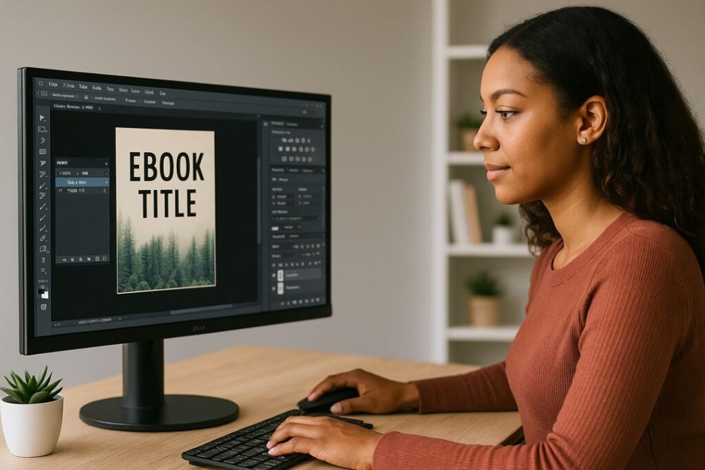 An African American woman works at her computer designing an ebook cover using design software and stock images.