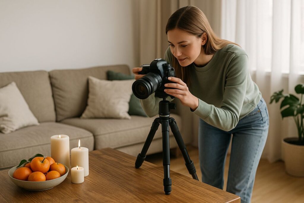 A young Caucasian woman holds a camera while taking photos for her stock photography portfolio.