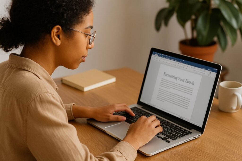 A young African American woman works on a laptop, adjusting ebook formatting settings for Kindle publishing.
