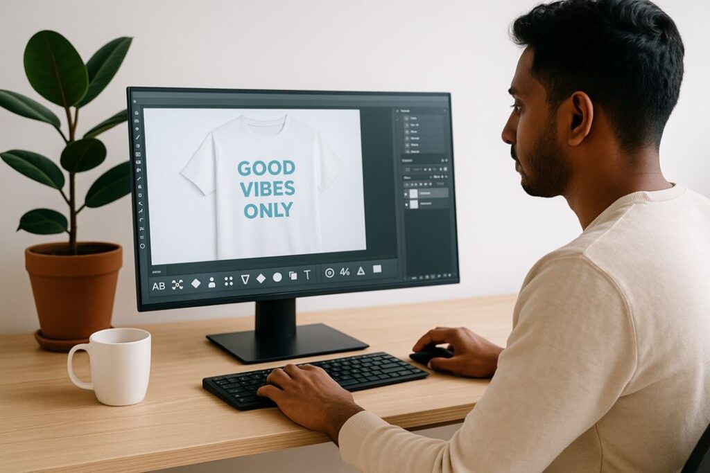 A South Asian man designs a T-shirt and mug mockup on his laptop in a clean, well-lit workspace.