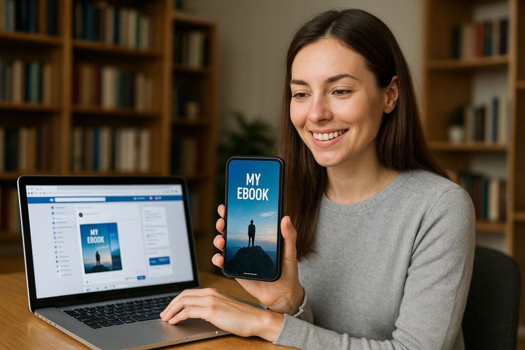 A Caucasian woman holds her phone while posting about her new ebook, with bookshelves and a home office background.