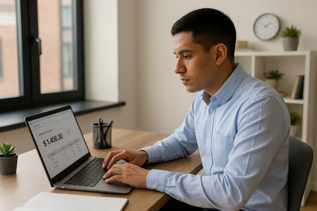 An Asian professional types on a laptop in a modern office while reviewing affiliate program payouts and marketing data.