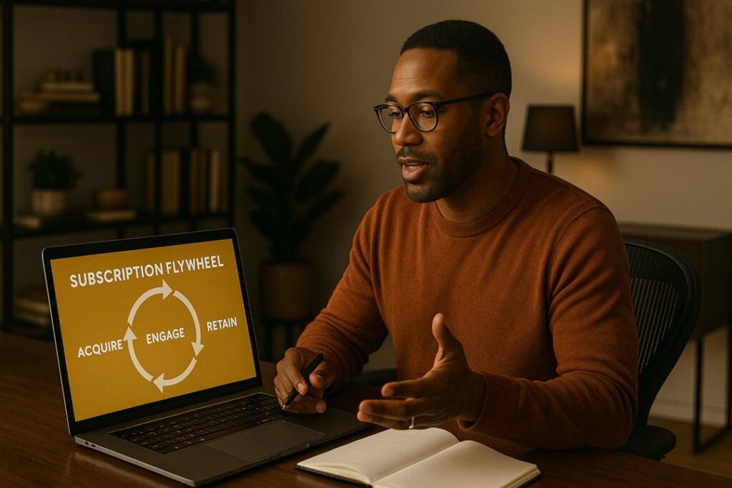 An African American business professional presenting a “Subscription Flywheel” diagram on a laptop screen during a virtual meeting in a modern office.