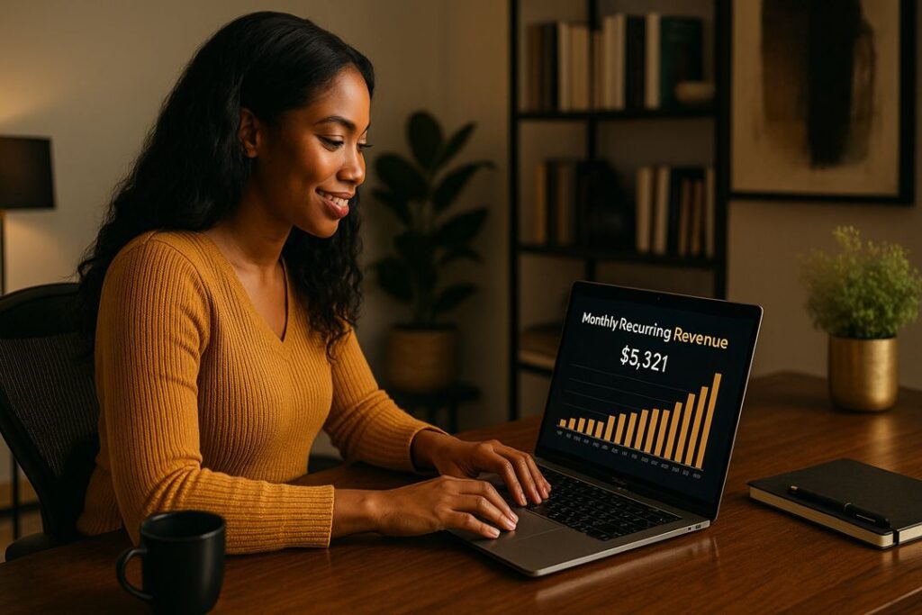 A young Black female entrepreneur smiling while checking monthly recurring revenue on her laptop in a warm-toned home office.
