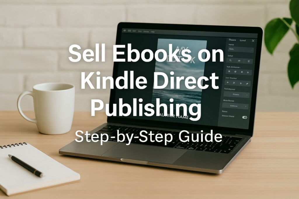 A digital workspace with a laptop and coffee mug, with text overlay reading “Sell Ebooks on Kindle Direct Publishing — Step-by-Step Guide.