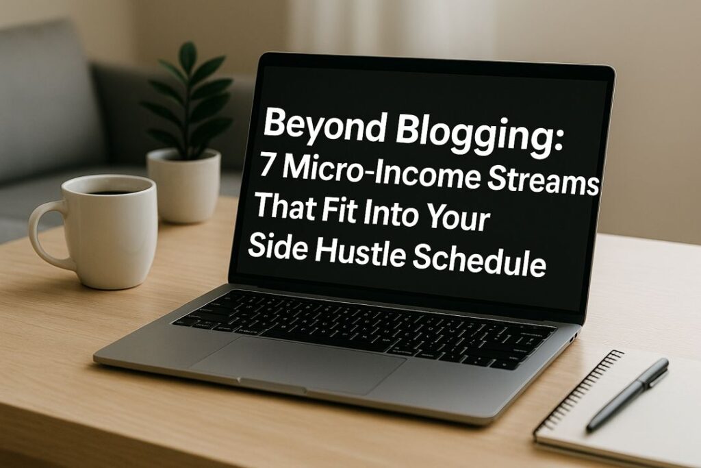 A tidy laptop workspace with coffee and a notepad, with title text overlay reading “Beyond Blogging: 7 Micro-Income Streams That Fit Into Your Side Hustle Schedule.”