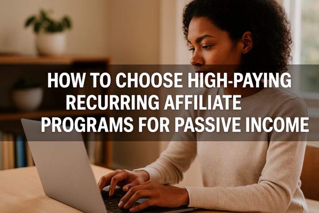 A diverse person working on a laptop in a bright workspace, with text overlay reading “How To Choose High-Paying Recurring Affiliate Programs for Passive Income.”