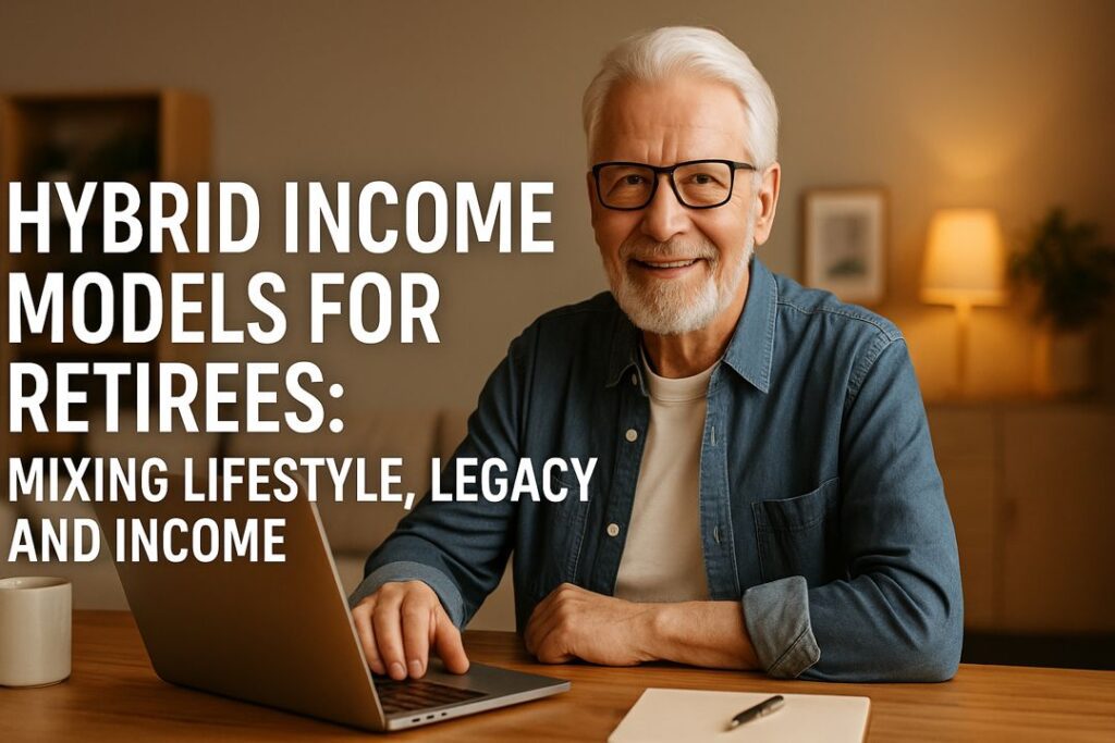 A smiling older man working on a laptop in a warmly lit home office, representing retirees building hybrid income models.