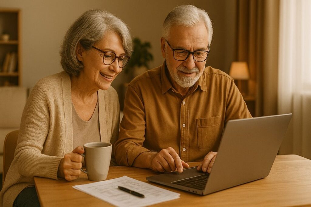 An older couple reviewing financial papers together at a kitchen table, symbolizing smart money management for retirees.