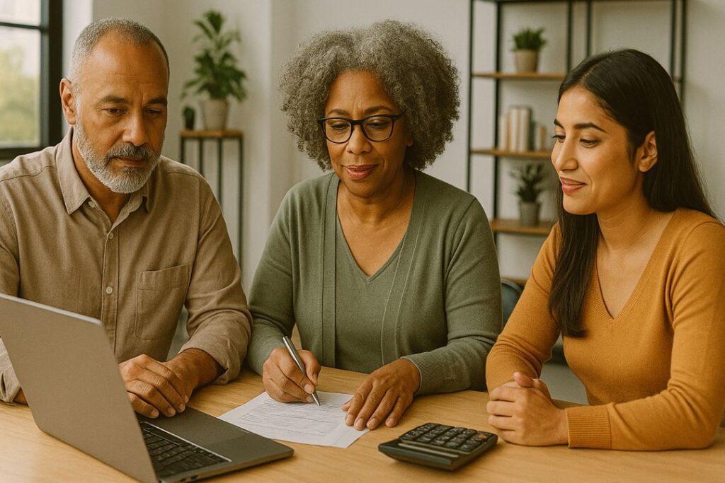 A diverse group of retirees collaborating around a laptop and documents, representing inclusive hybrid income strategies.
