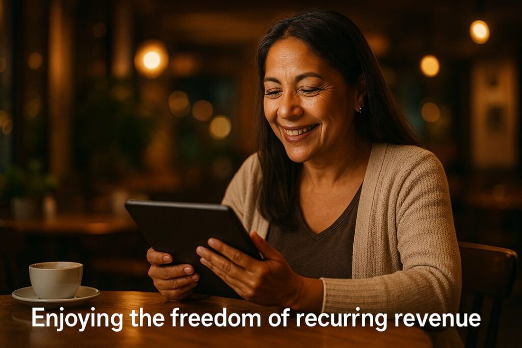 A mature Latina freelancer smiling as she checks her subscription earnings on a tablet at a cozy café in the evening.