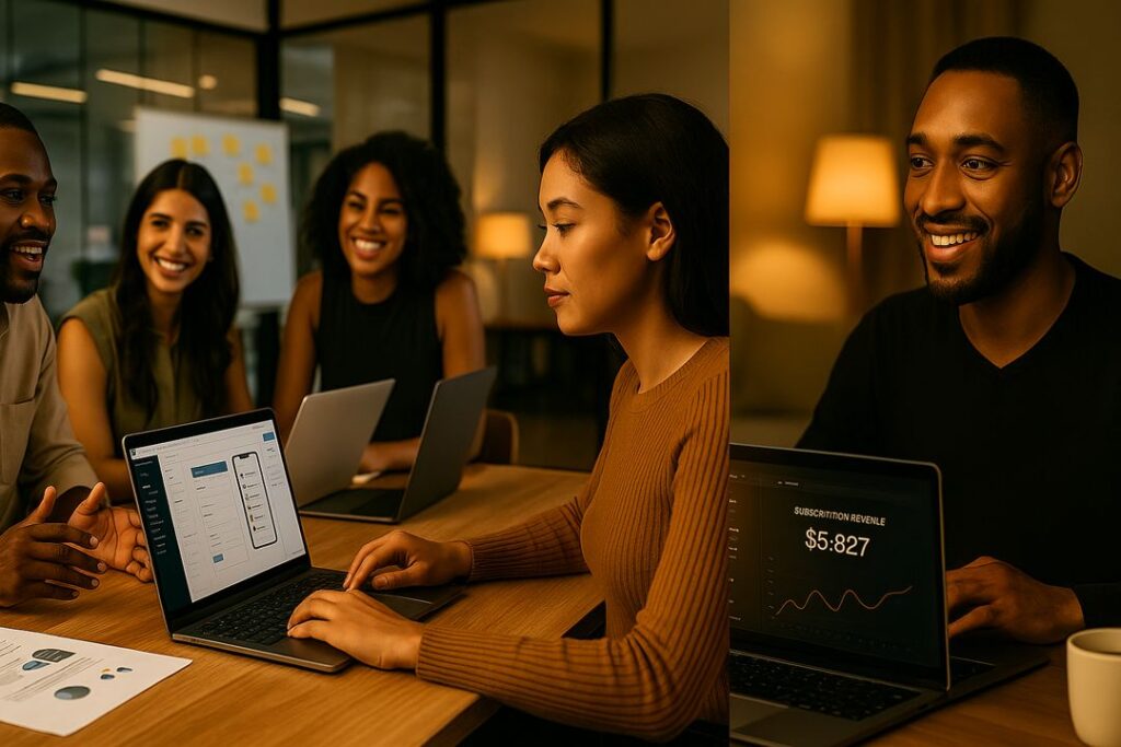 A diverse group of entrepreneurs discussing a no-code SaaS app around a table with laptops and charts, warm lighting and professional mood.