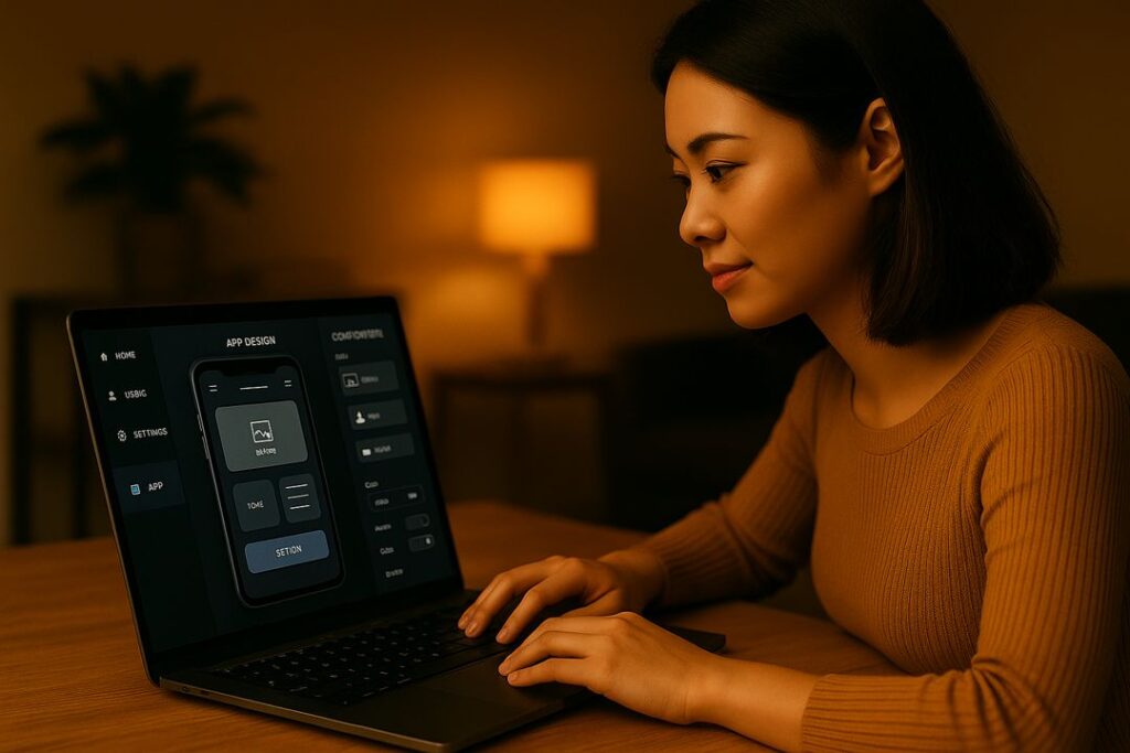 An Asian woman creating a no-code app on her laptop using a drag-and-drop interface