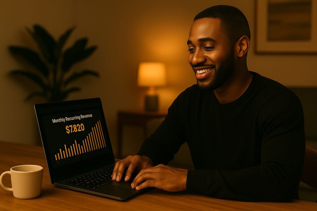 A smiling Black man checking his recurring subscription revenue on a laptop, warm ambient light