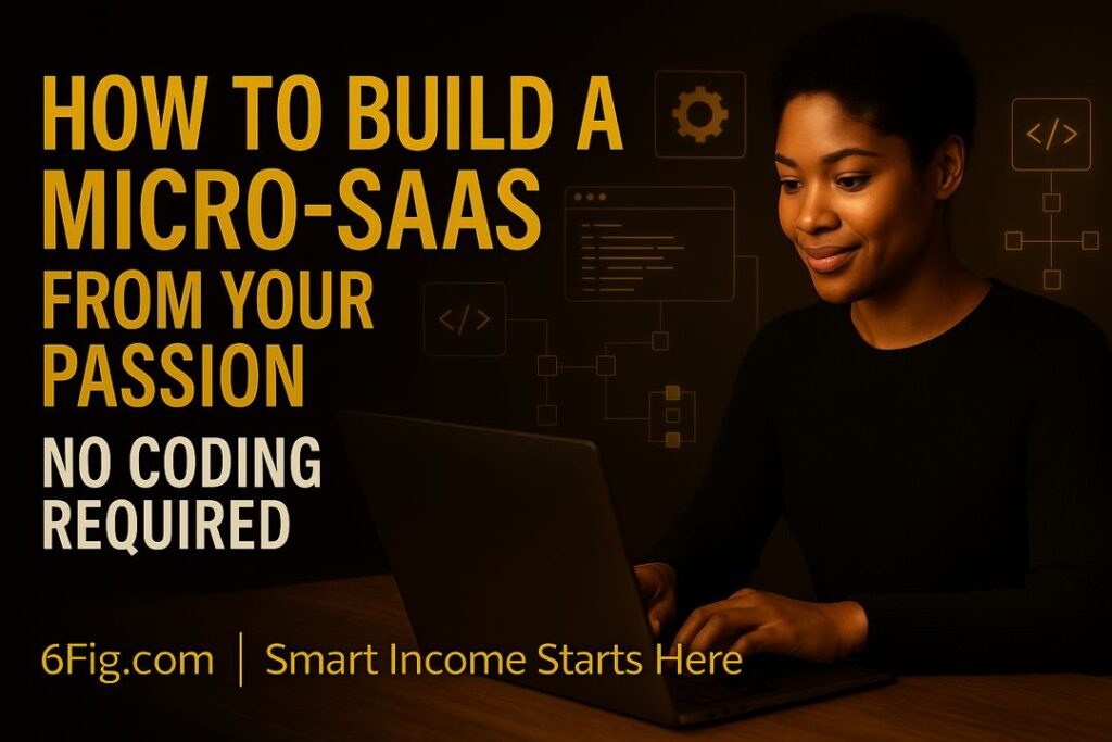 A woman smiling while working on a laptop, surrounded by digital icons symbolizing app development