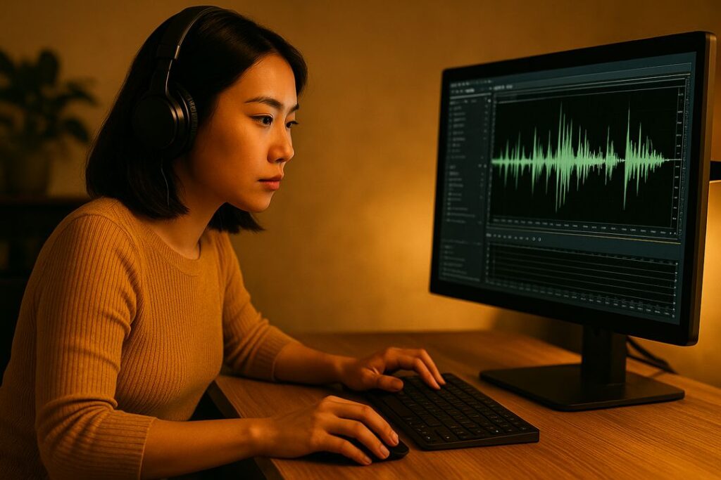 An Asian woman wearing headphones, editing audio waveforms on her computer in a modern workspace with warm gold lighting.