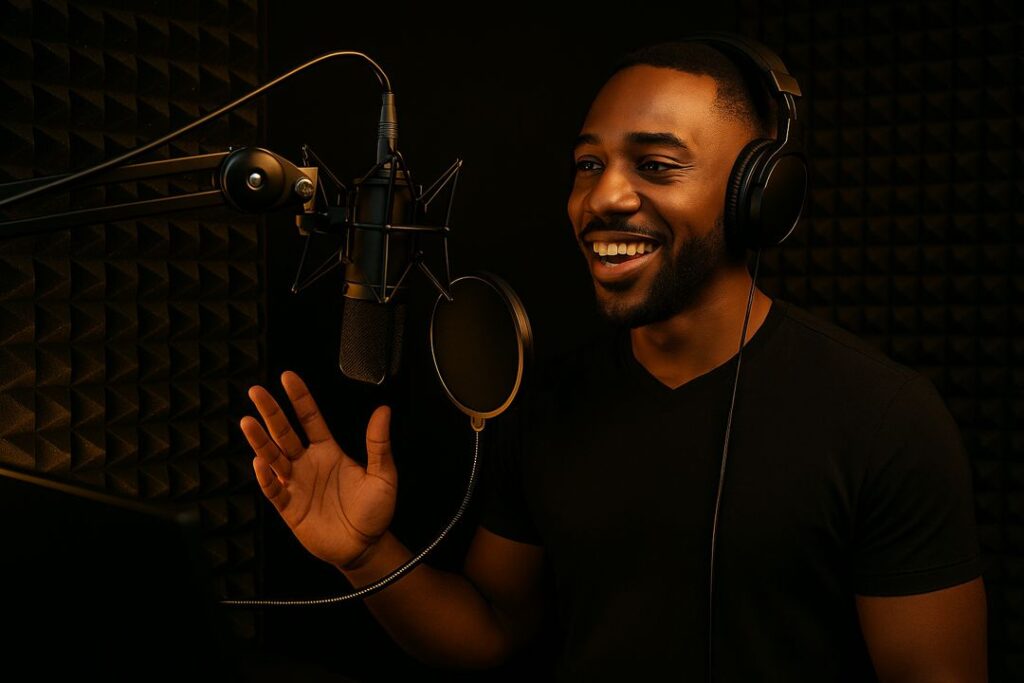 A confident Black male voice artist smiling while recording in a soundproof studio with professional microphone and headphones.