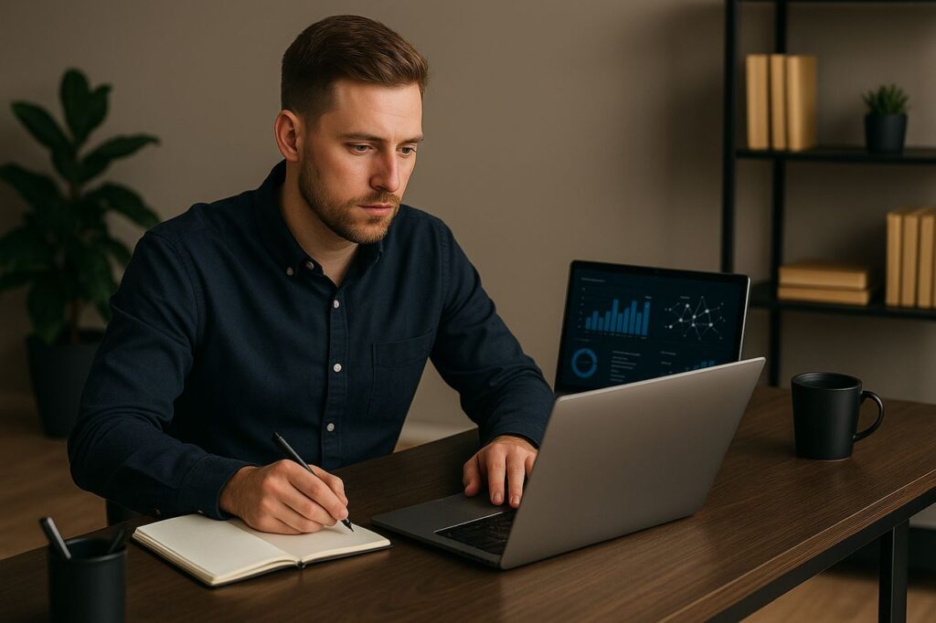 Caucasian professional man focused on his laptop in a warm, gold-toned contemporary office.
