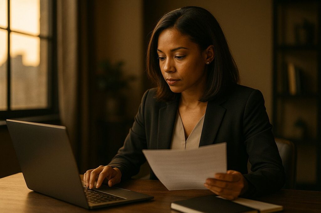 African American woman in a business suit reviewing paperwork while working on her laptop in a warm, cinematic office setting.