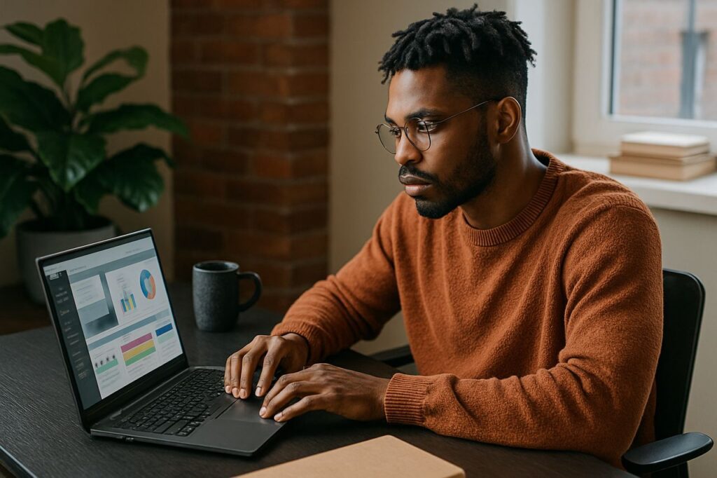 African American man with glasses working at a laptop in a bright office with an exposed brick wall.