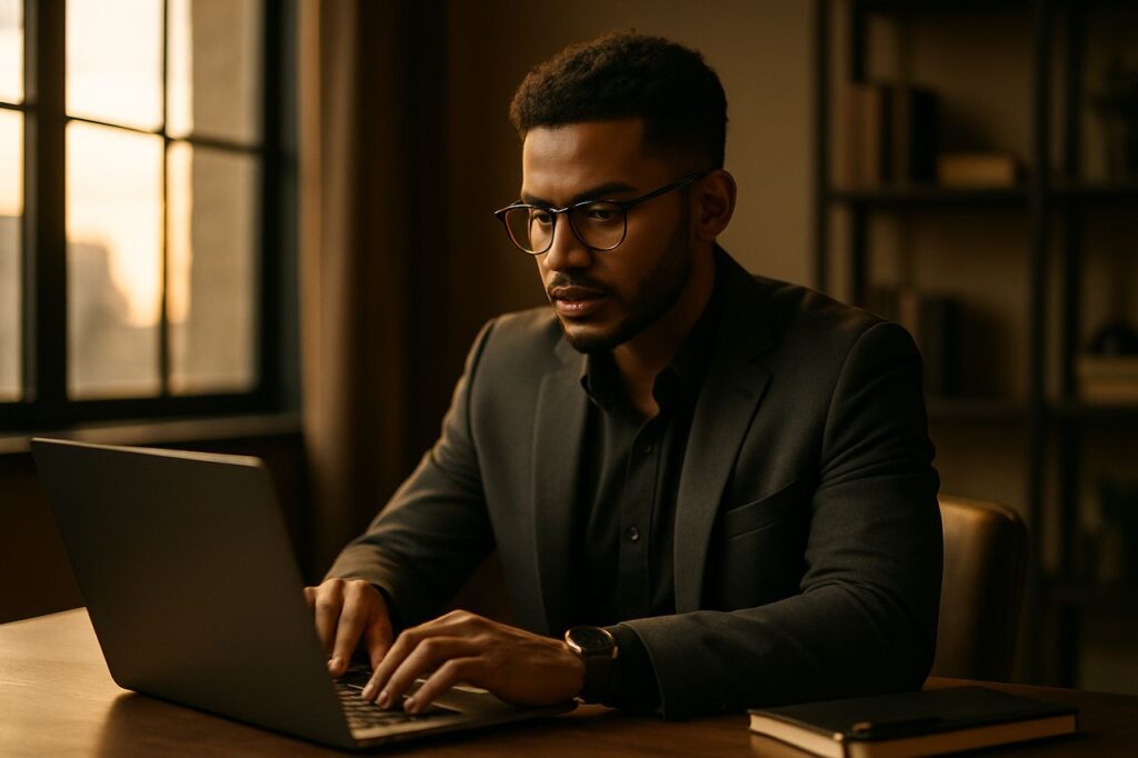 A focused young man in a black suit working on a laptop in a warm, gold-lit modern office environment.