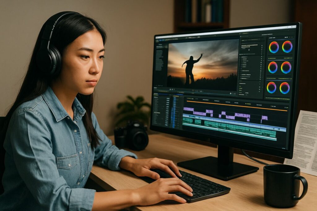 Asian woman wearing headphones editing a video on a desktop monitor in a warm home workspace.
