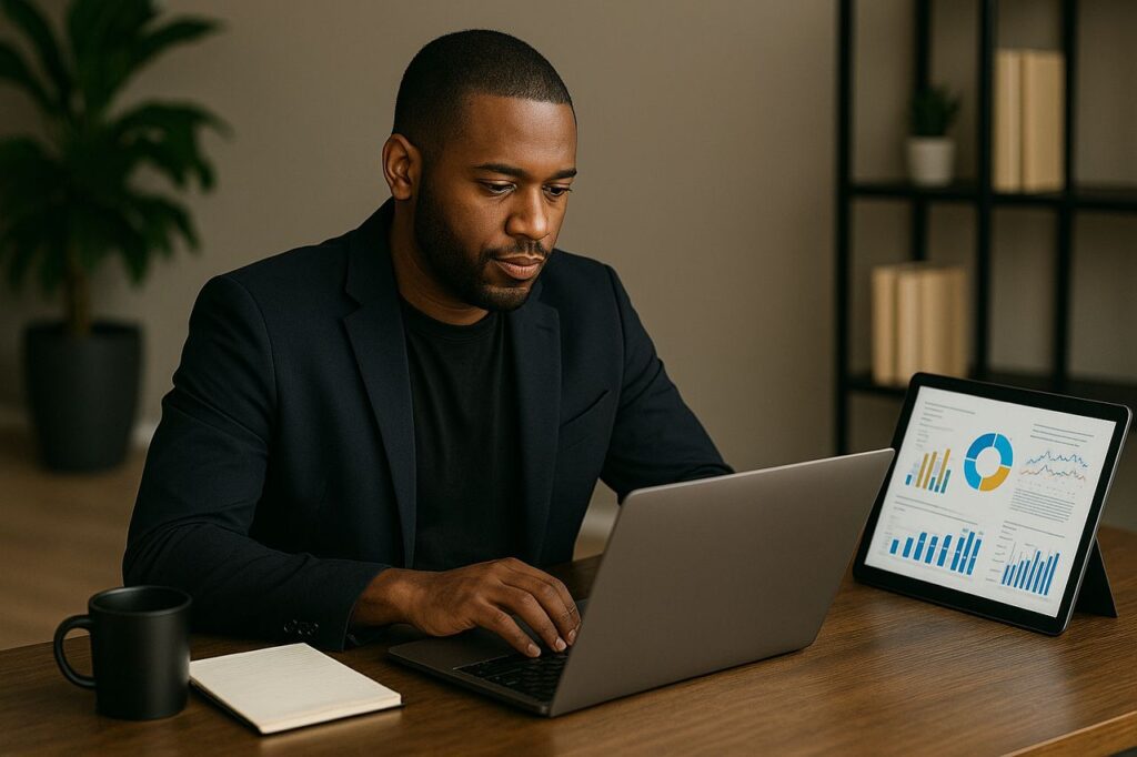 African American male consultant working on a laptop in a dramatic golden-lit office setting.